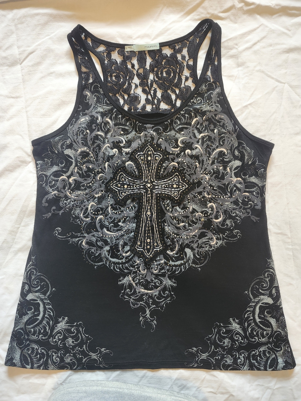 Maurices Women's L Whimsigoth Black Racerback Top Lace And Cross Embellishment